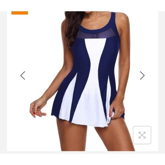 Zando Womens Tummy Control Swim Dress Plus Size 5XL Navy/White Pool Beach - Picture 1 of 11